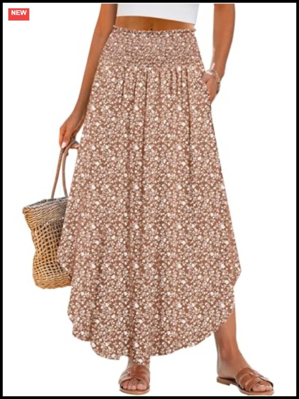 Women's Maxi Skirt Flowy High Waisted Pleated Beach Long Skirt with Pockets